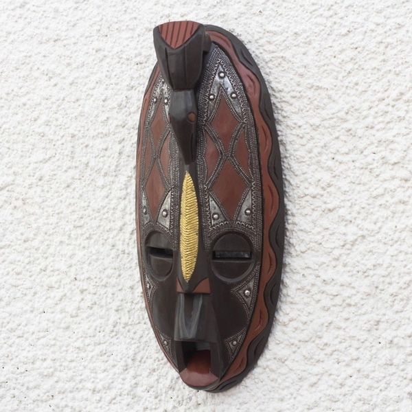 Alternate image for Brass and Aluminum Accented African Wood Mask from Ghana Majesty Gleam