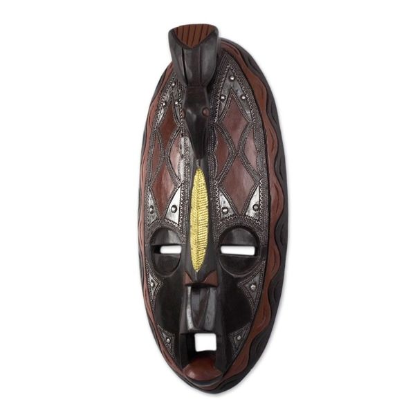 Alternate image for Brass and Aluminum Accented African Wood Mask from Ghana Majesty Gleam
