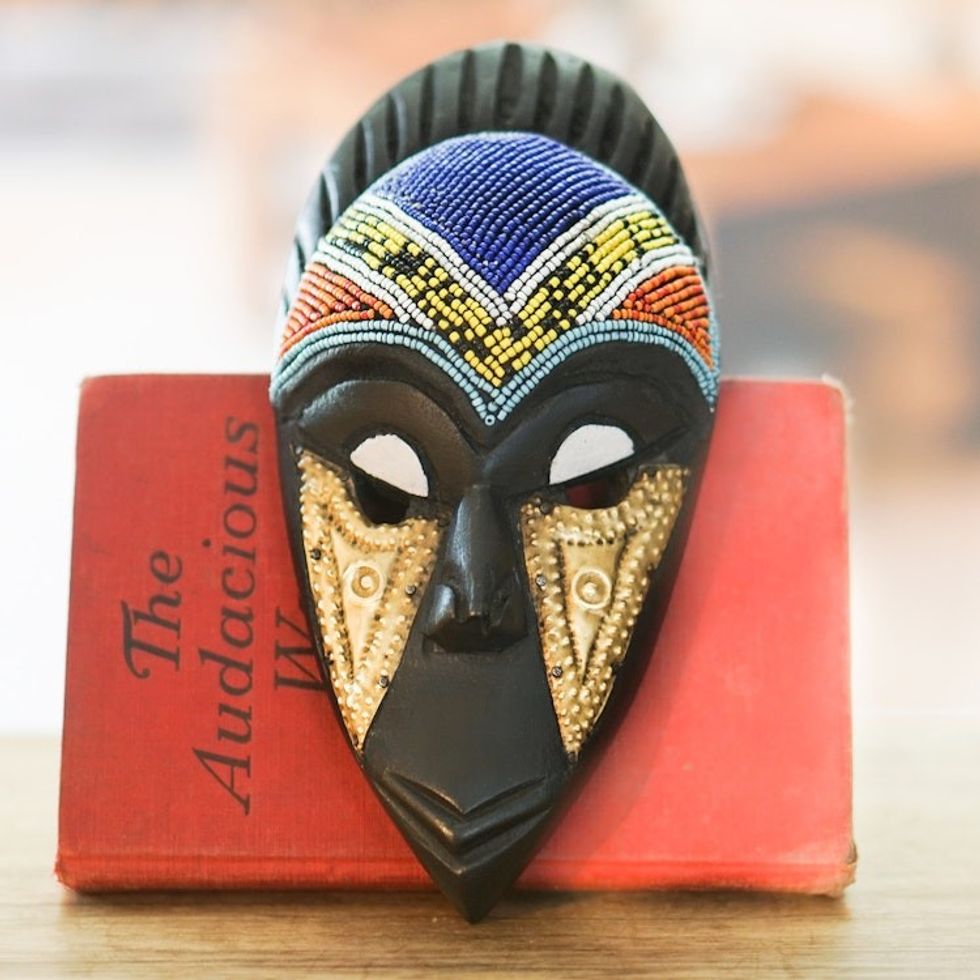 African Recycled Glass Beaded Wood Mask from Ghana 'Pleasant Face'