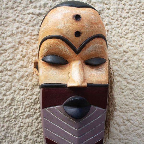 Alternate image for Artisan Made African Sese Wood and Raffia Mask Pende Personage