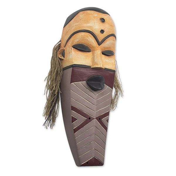 Alternate image for Artisan Made African Sese Wood and Raffia Mask Pende Personage