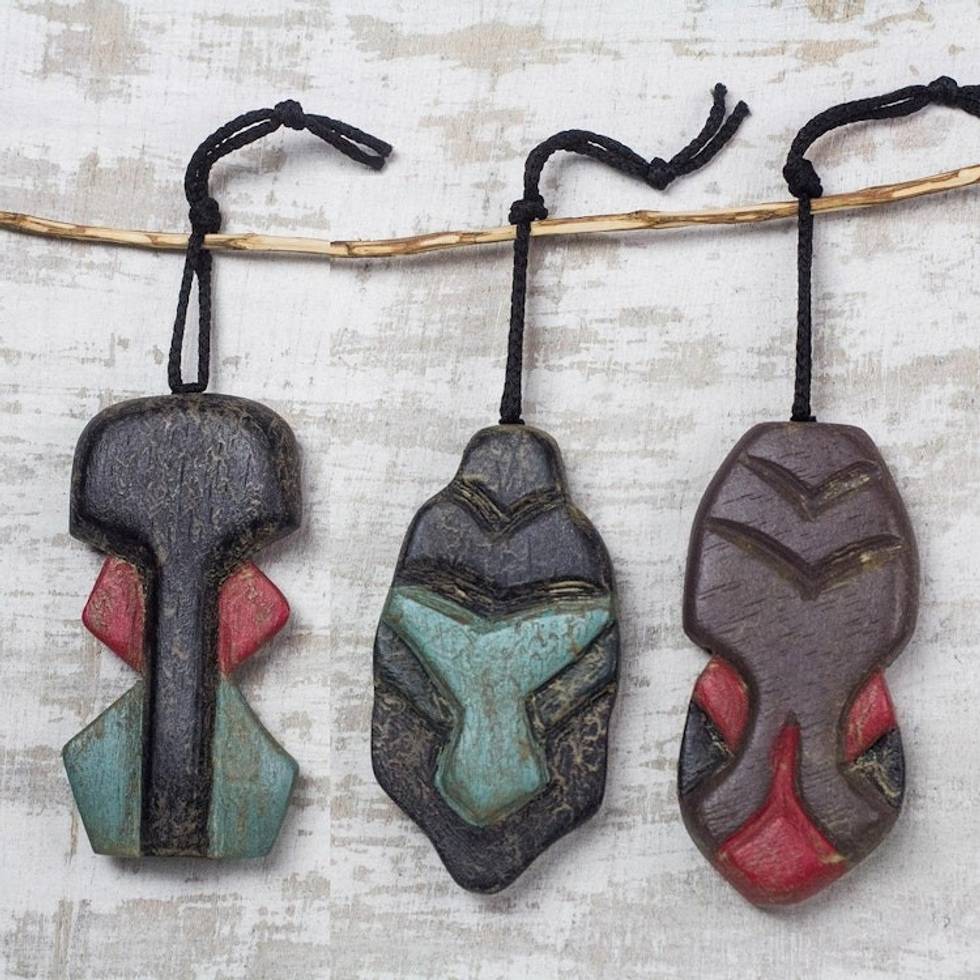 Handcrafted Wood African Mask Ornaments Set of 3 'Kanaga Masks'