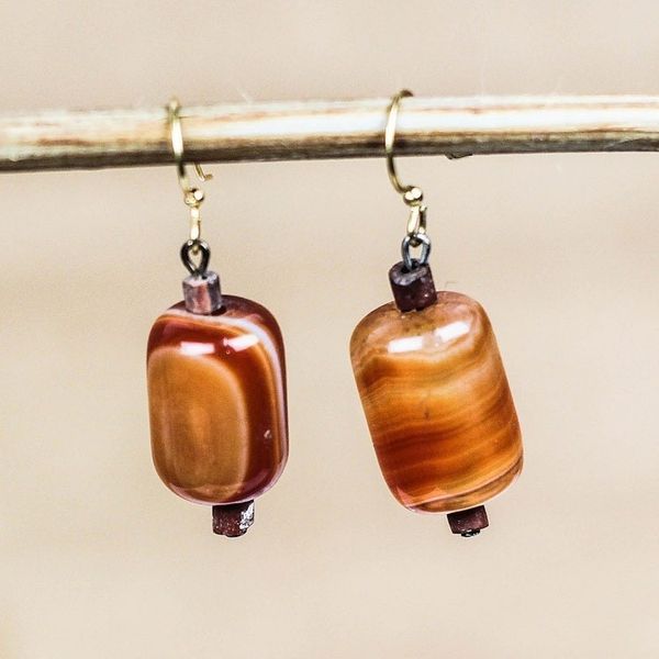 Alternate image for Red-Orange Agate Beaded Dangle Earrings from Ghana Round Royal
