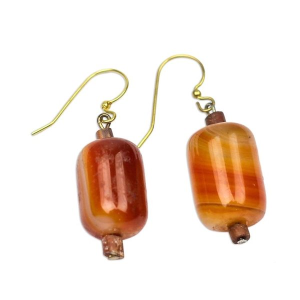 Alternate image for Red-Orange Agate Beaded Dangle Earrings from Ghana Round Royal