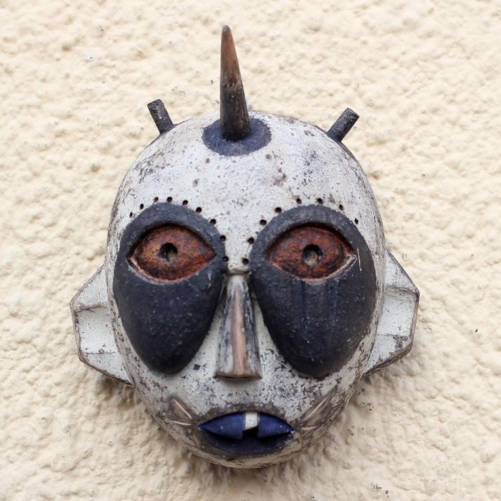Handcrafted Horned African Sese Wood Mask from Ghana 'Whimsical Horn'