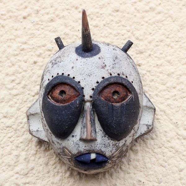 Alternate image for Handcrafted Horned African Sese Wood Mask from Ghana Whimsical Horn