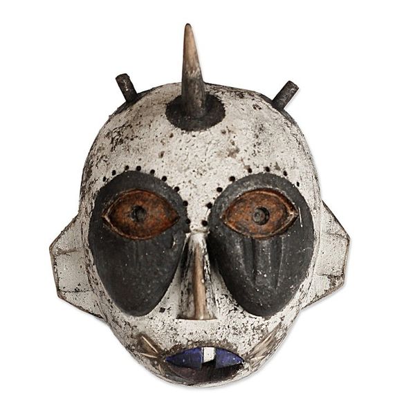 Alternate image for Handcrafted Horned African Sese Wood Mask from Ghana Whimsical Horn