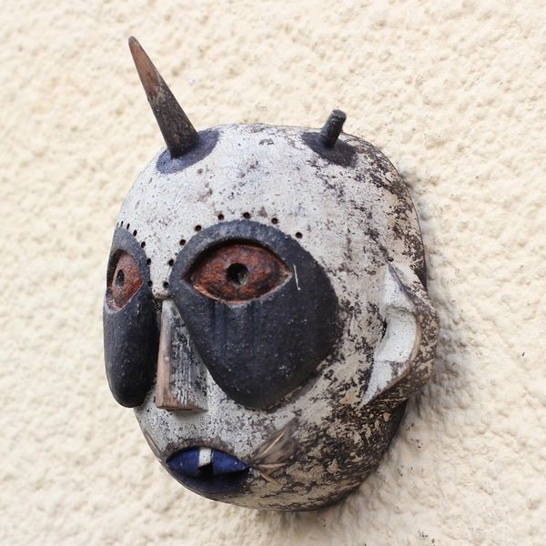 Alternate image for Handcrafted Horned African Sese Wood Mask from Ghana Whimsical Horn