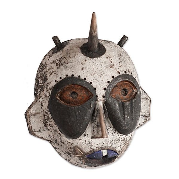 Alternate image for Handcrafted Horned African Sese Wood Mask from Ghana Whimsical Horn