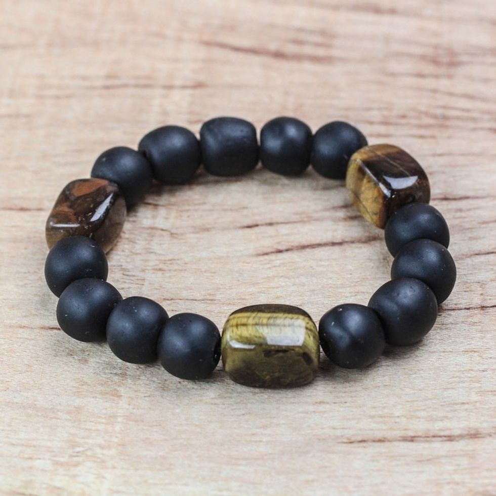 Tiger's Eye Matte Black Recycled Glass Bead Stretch Bracelet 'Substance'