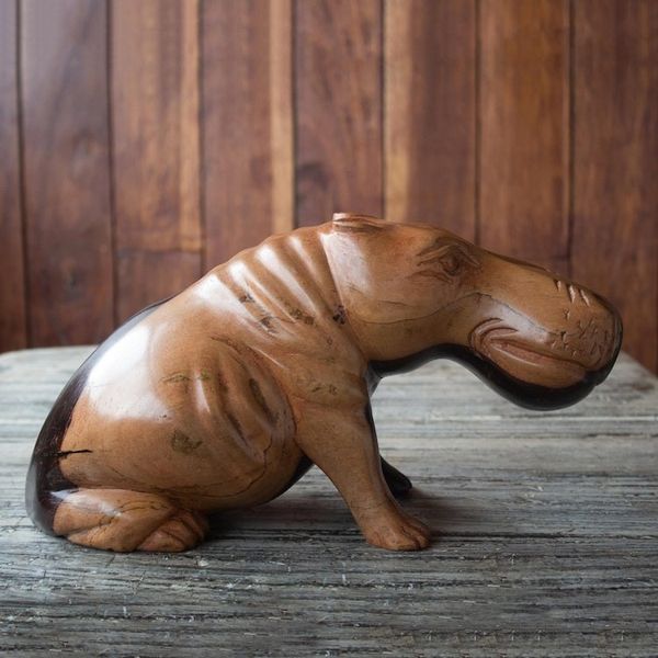 Alternate image for Hand Carved Ebony Wood Hippo Sculpture Resting Hippo