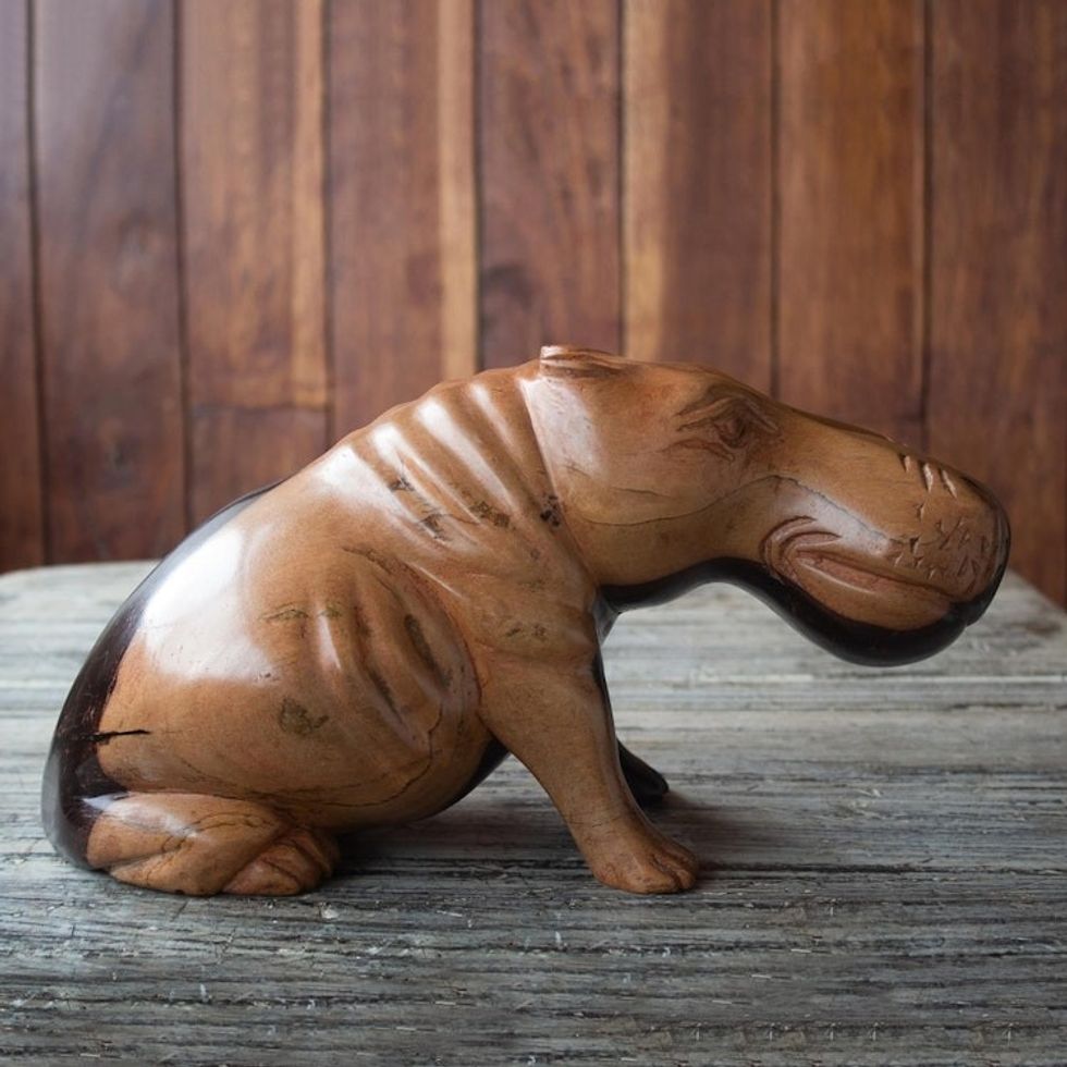 Hand Carved Ebony Wood Hippo Sculpture 'Resting Hippo'