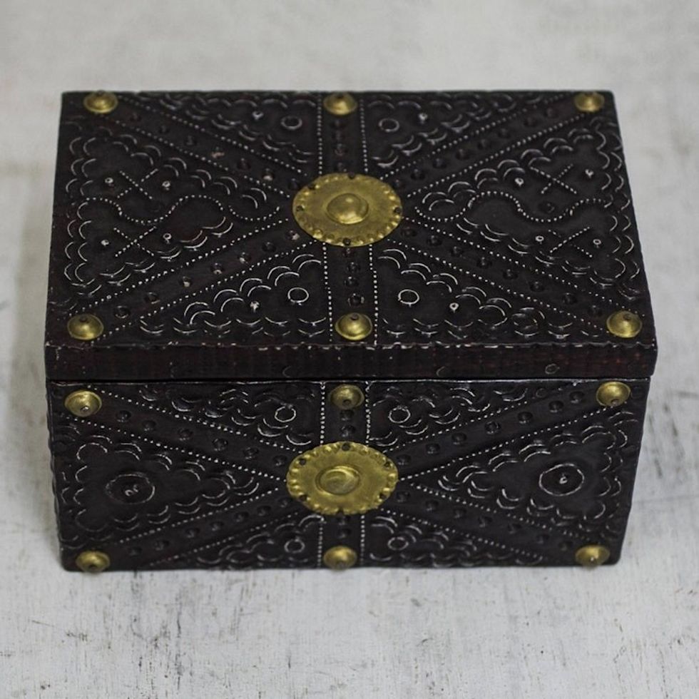 Aluminum Brass and Wood Decorative Box from Ghana 'Secret Patterns'