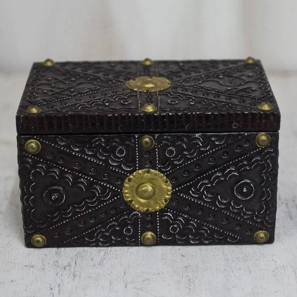 Alternate image for Aluminum Brass and Wood Decorative Box from Ghana Secret Patterns