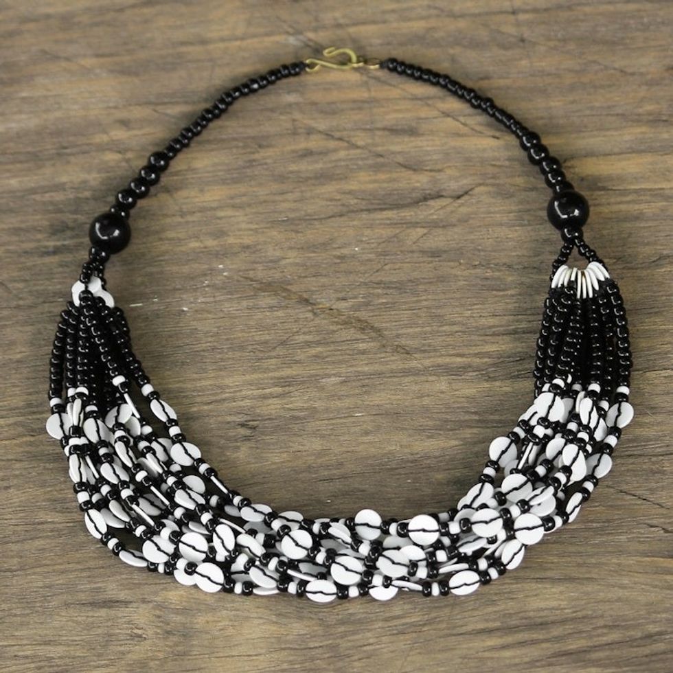 Black and White Ghanaian Necklace of Recycled Beads 'White Ghanaian Thank You'