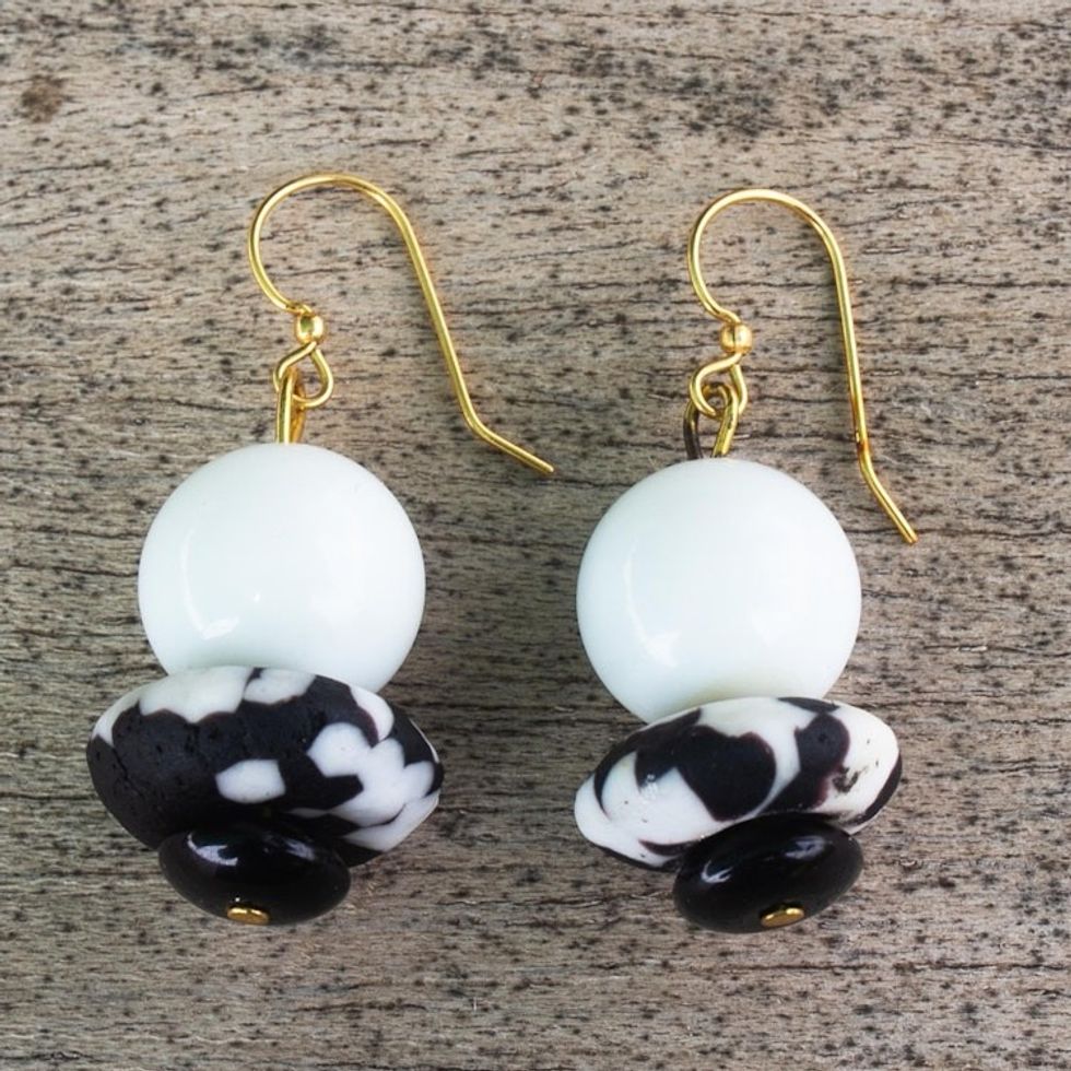 Black and White Recycled Glass Bead Dangle Earrings 'Dzidzor Dream'
