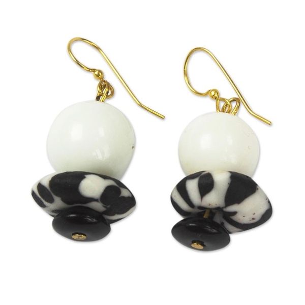 Alternate image for Black and White Recycled Glass Bead Dangle Earrings Dzidzor Dream