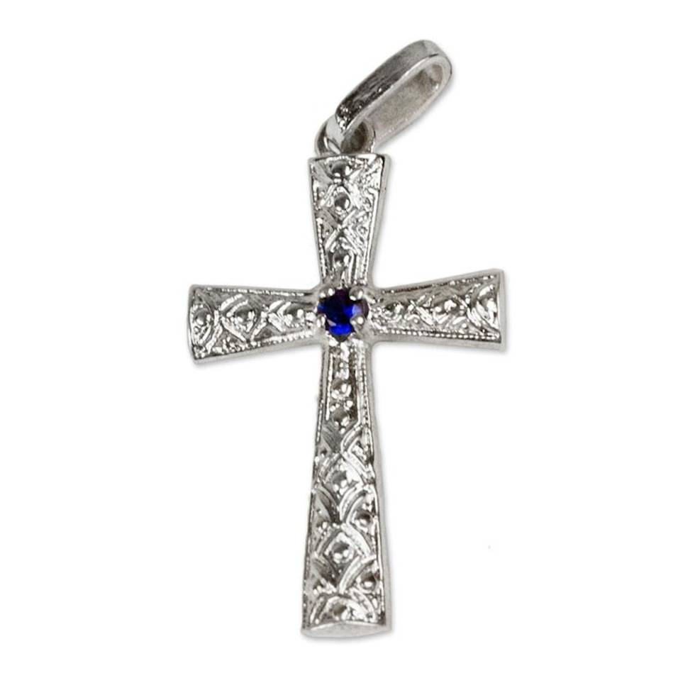 Sterling Silver and Blue CZ Cross Pendant from Ghana 'Faithful Blue'