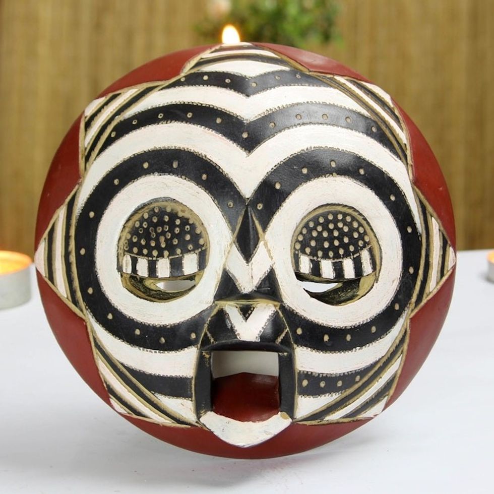 Black and White African Wood Mask from Ghana 'Round Zebra'