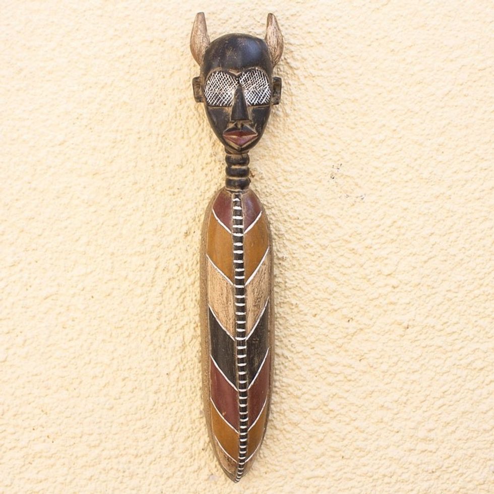 Handmade Painted African Wood Mask with Horns from Ghana 'Aklonto'
