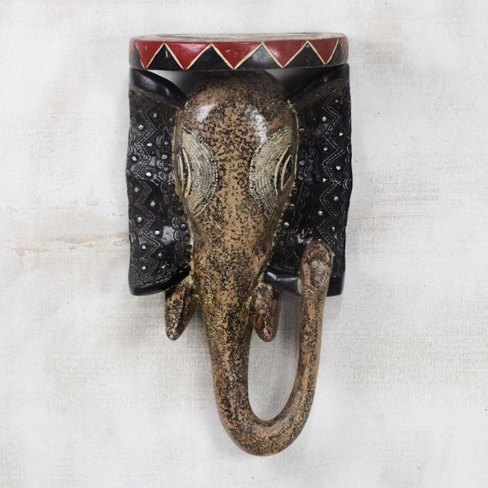 African Sese Wood and Aluminum Elephant Mask from Ghana 'Intricate Elephant'