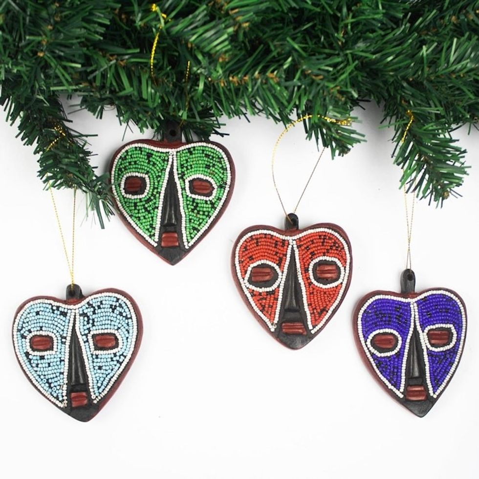 Heart-Shaped Sese Wood Holiday Ornaments Set of 4 'Eternal Love'