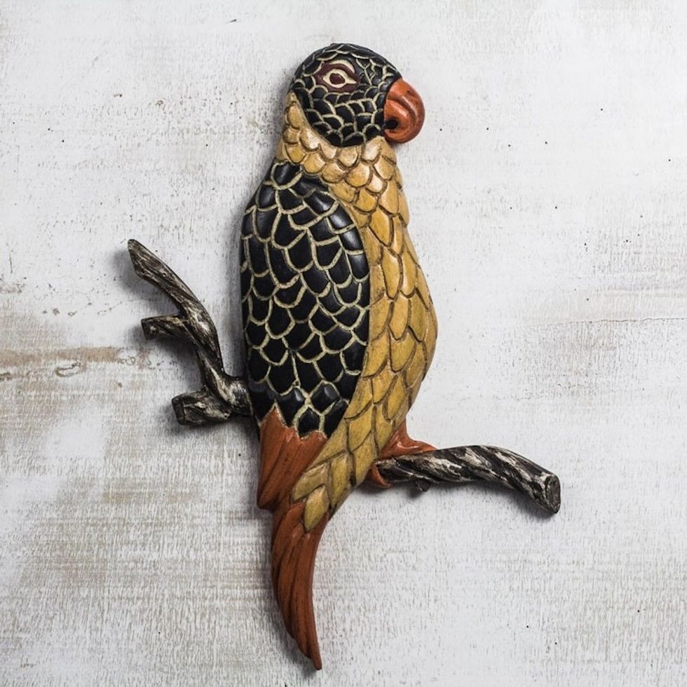 Sese Wood Bird Wall Sculpture from Ghana 'Vibrant Plumage'