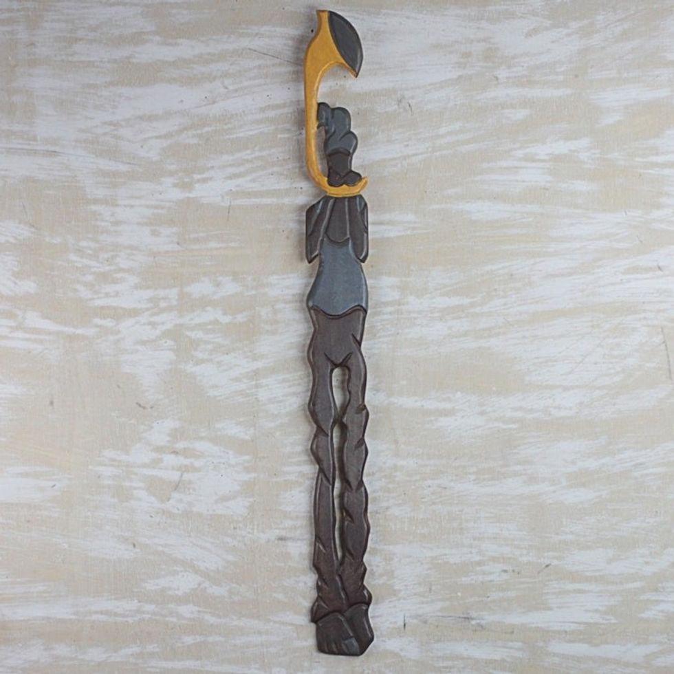 Handcrafted Mansonia Wood Wall Art from Ghana 'Trumpeter'