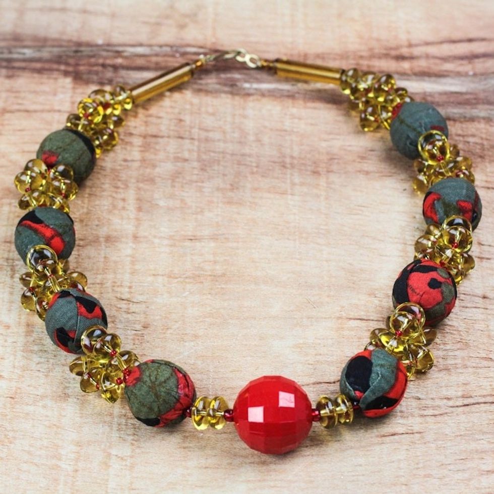 Recycled Plastic and Cotton Beaded Necklace in Red 'Lady in Red'