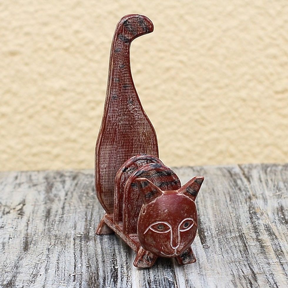 Rustic Sese Wood Cat Book Stand from Ghana 'Poised Cat'