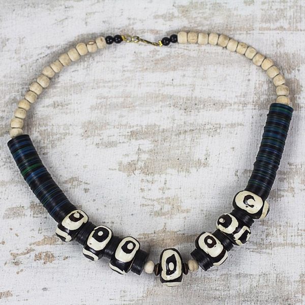 Alternate image for Black and White Bone and Sese Wood Beaded Necklace Abstract Opulence