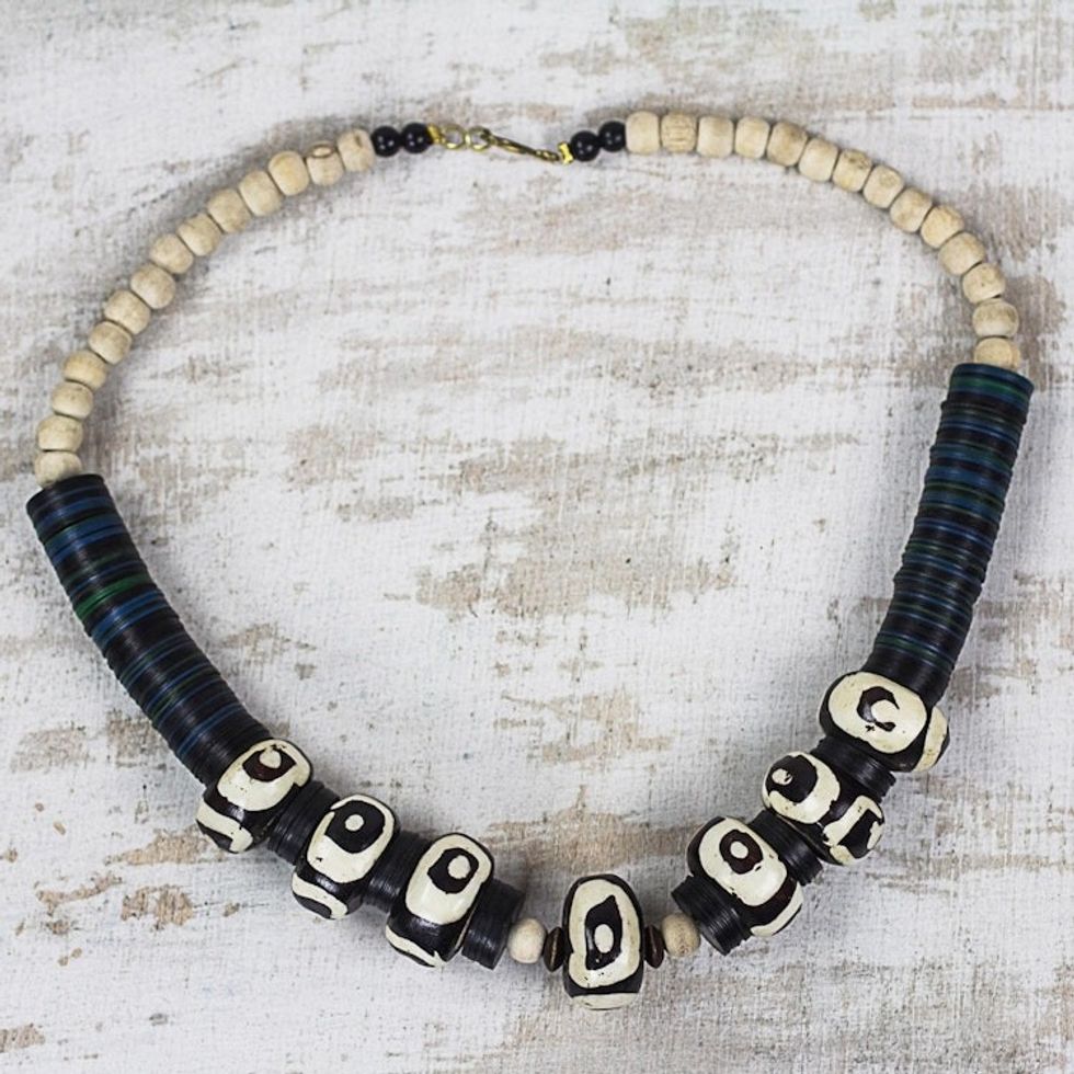 Black and White Bone and Sese Wood Beaded Necklace 'Abstract Opulence'
