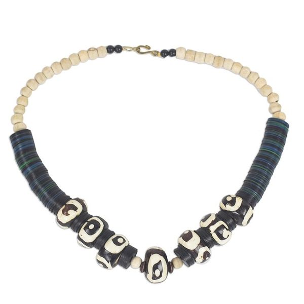 Alternate image for Black and White Bone and Sese Wood Beaded Necklace Abstract Opulence