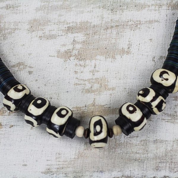 Alternate image for Black and White Bone and Sese Wood Beaded Necklace Abstract Opulence