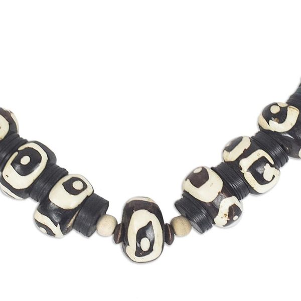 Alternate image for Black and White Bone and Sese Wood Beaded Necklace Abstract Opulence