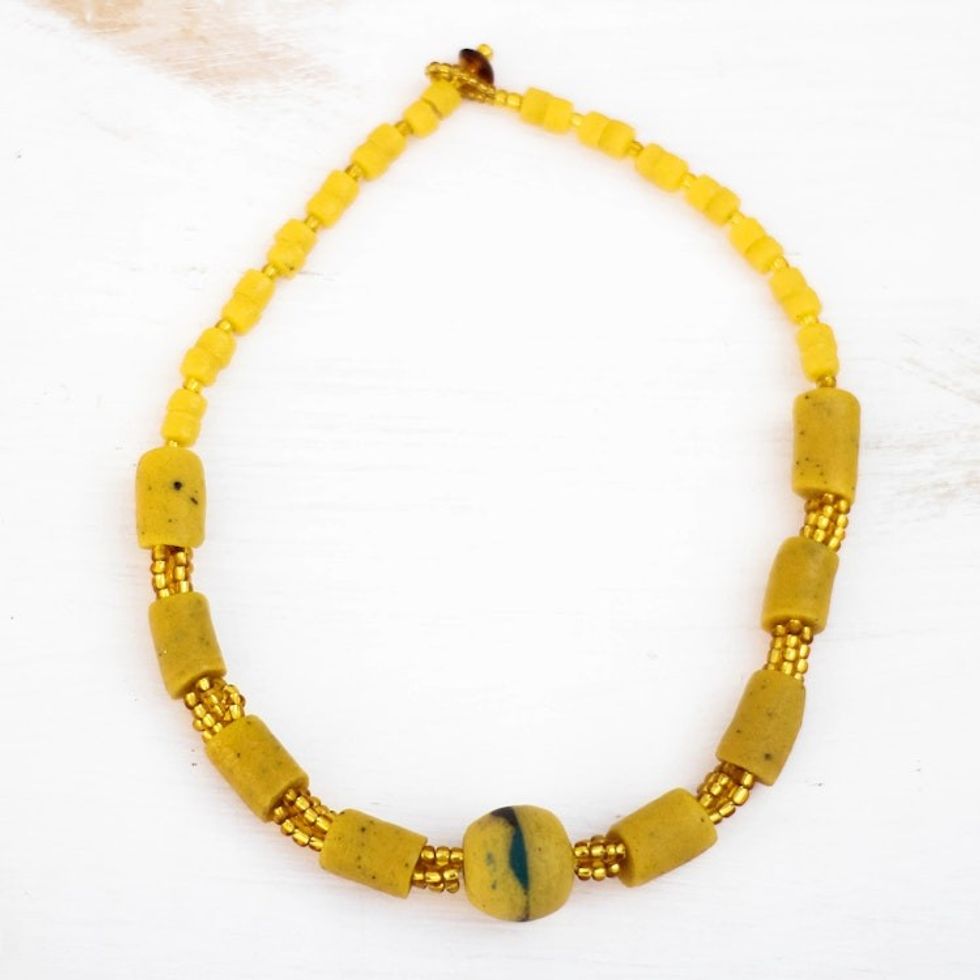 Yellow Recycled Glass Beaded Necklace from Ghana 'Eco Yellow'