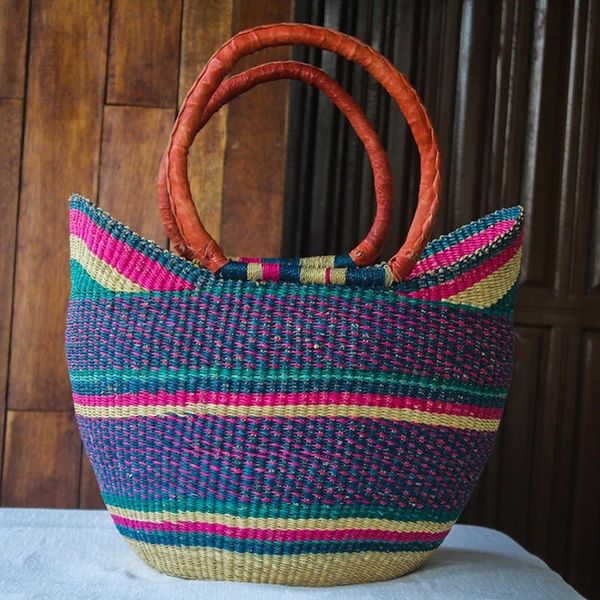 Alternate image for Raffia and Leather Shopping Basket from Ghana Kanea