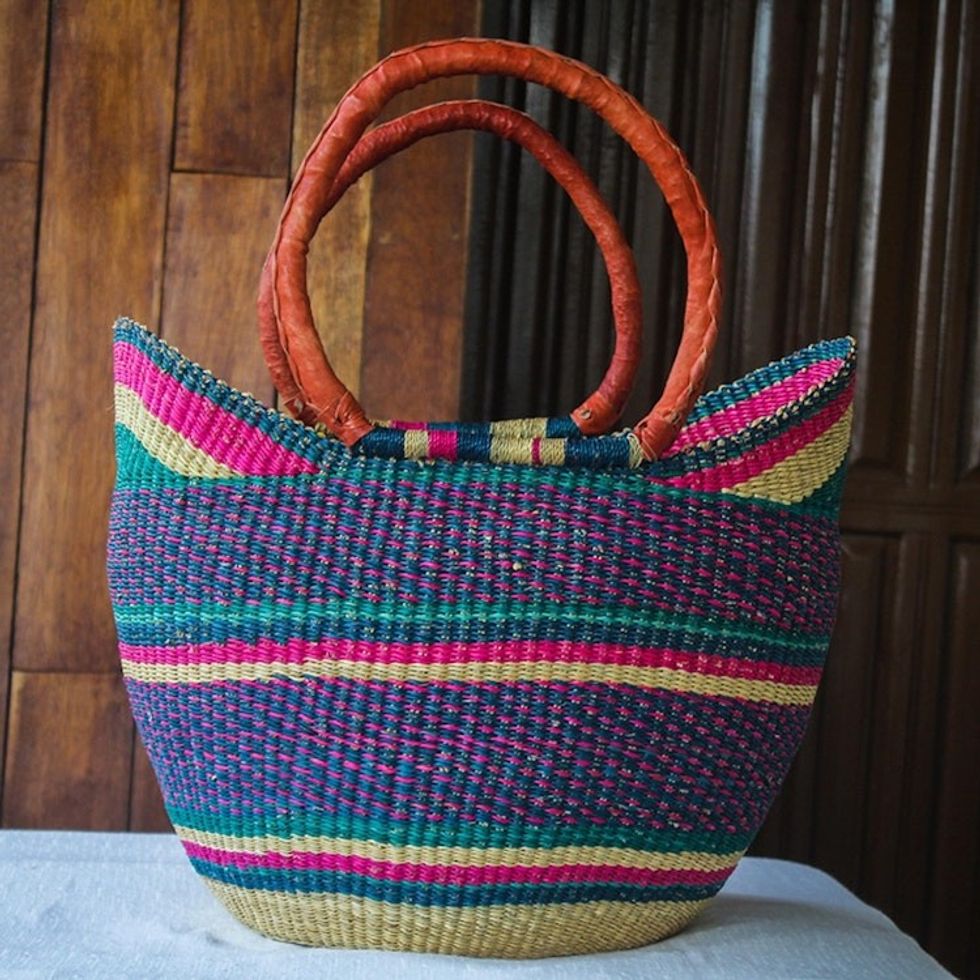 Raffia and Leather Shopping Basket from Ghana 'Kanea'