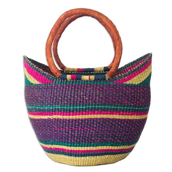 Alternate image for Raffia and Leather Shopping Basket from Ghana Kanea