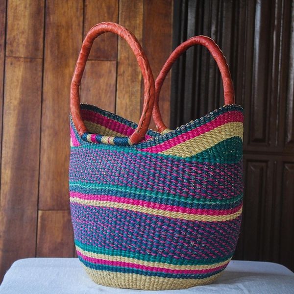 Alternate image for Raffia and Leather Shopping Basket from Ghana Kanea