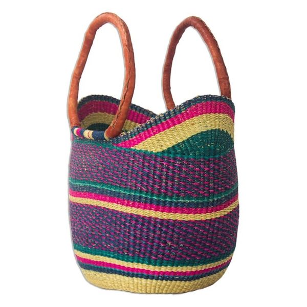 Alternate image for Raffia and Leather Shopping Basket from Ghana Kanea