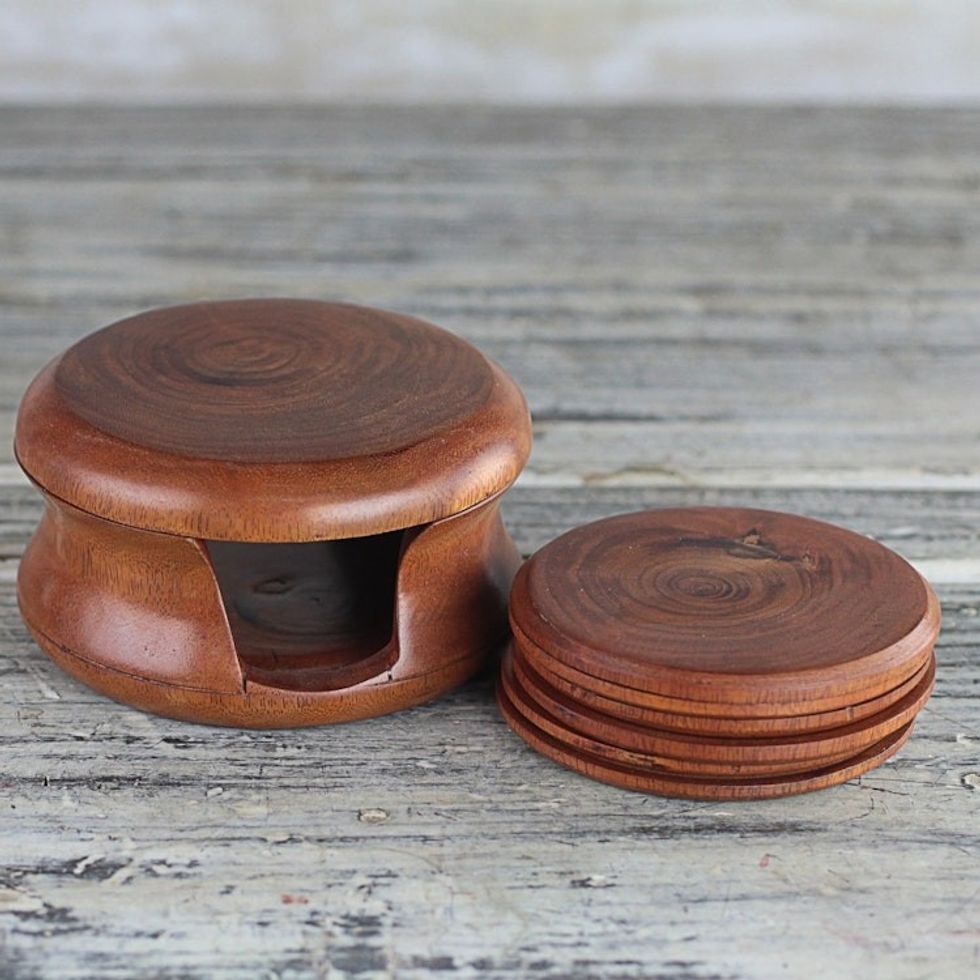 Round Mahogany Wood Coasters and Container Set of 6 'Tree Rings'