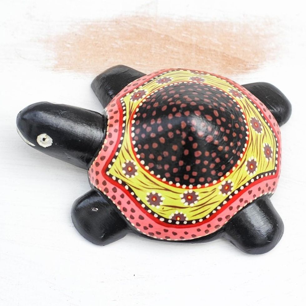 Hand-Painted Floral Wood Turtle Sculpture from Ghana 'Slowly'