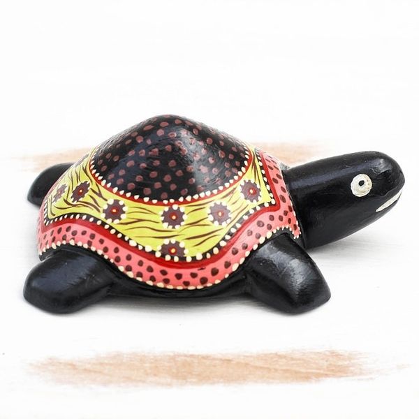 Alternate image for Hand-Painted Floral Wood Turtle Sculpture from Ghana Slowly