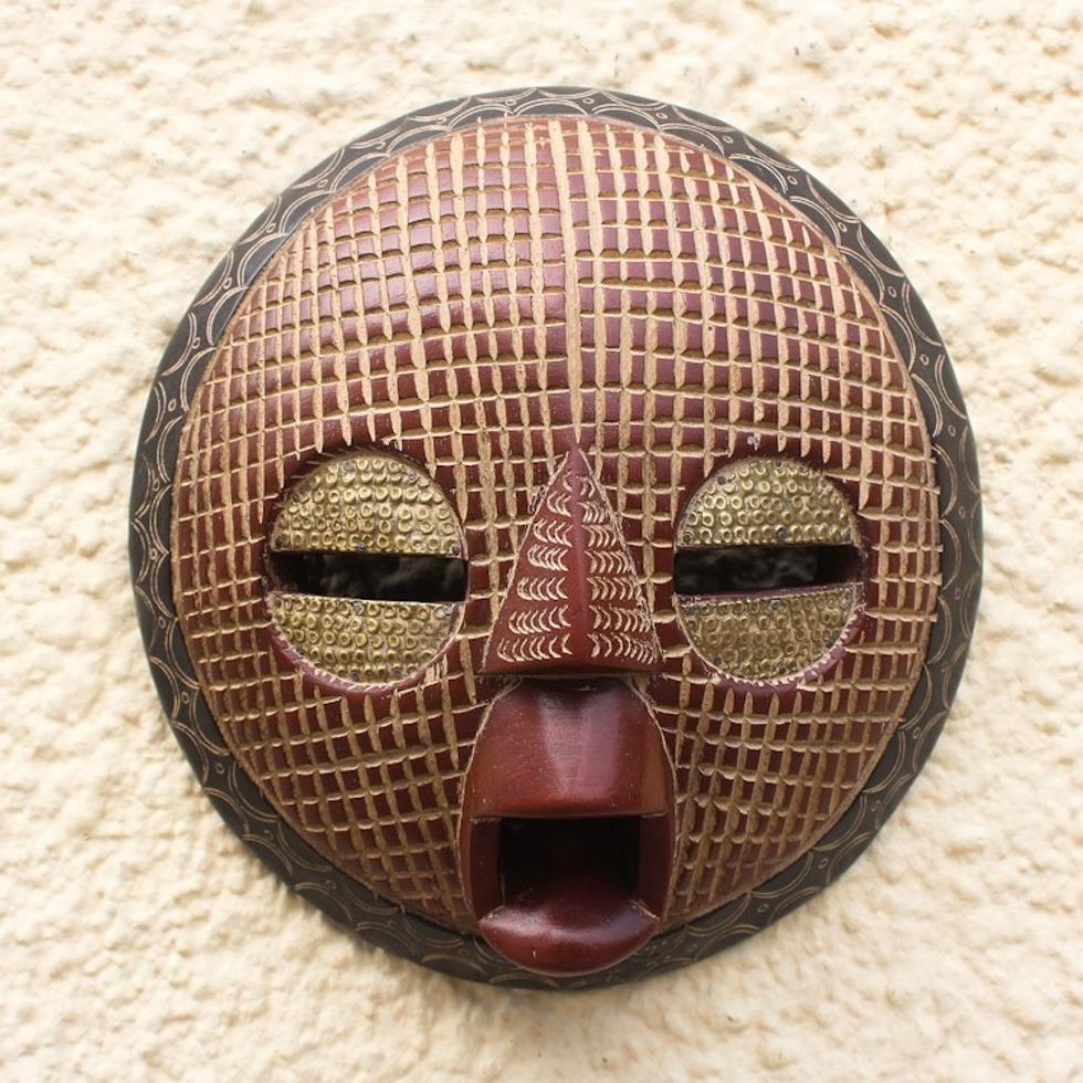 Embossed Brass and Wood Round African Mask 'Edudzi'