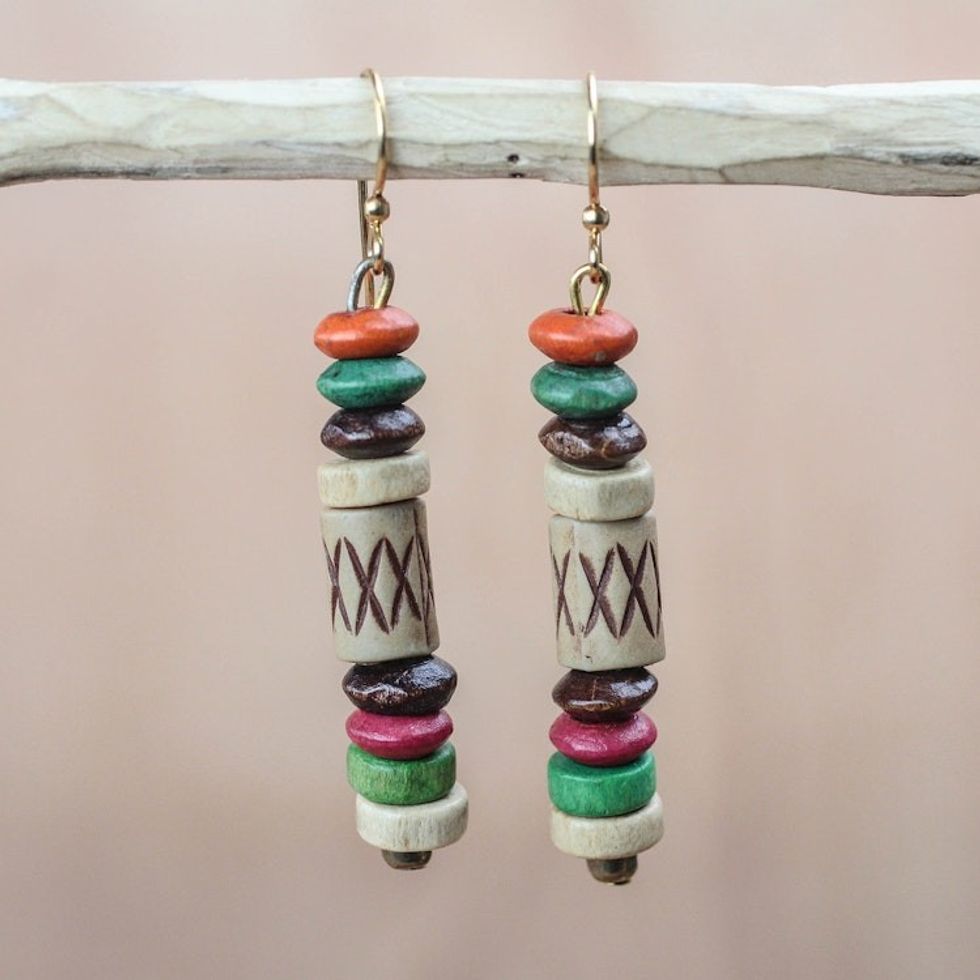 Colorful Wood and Recycled Plastic Dangle Earrings 'Eco Beauty'