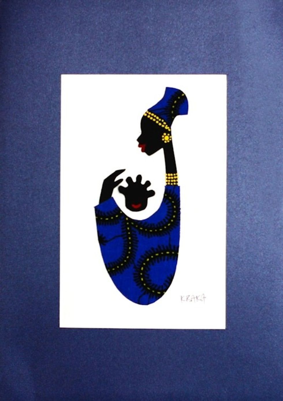 Signed Mixed Media Painting of an African Mother in Blue 'Baby Kaa Fo II'