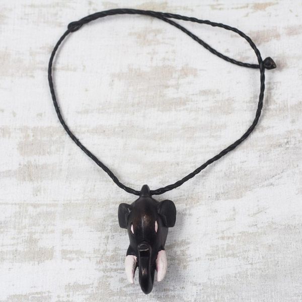 Alternate image for Sese Wood Elephant Head Pendant Necklace from Ghana Tusked Trunk