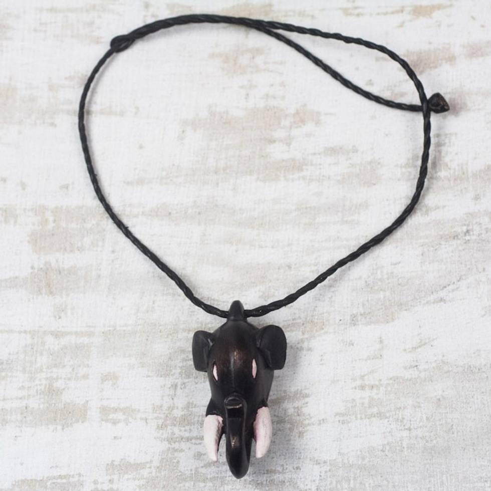 Sese Wood Elephant Head Pendant Necklace from Ghana 'Tusked Trunk'