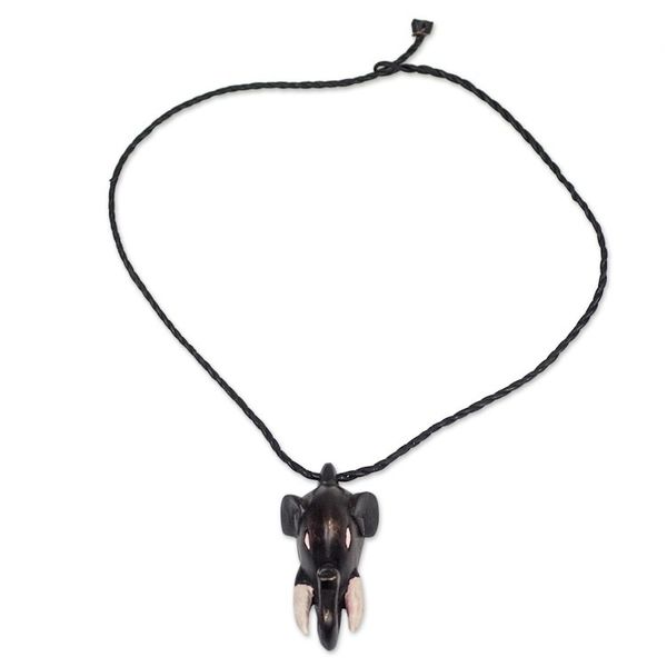 Alternate image for Sese Wood Elephant Head Pendant Necklace from Ghana Tusked Trunk